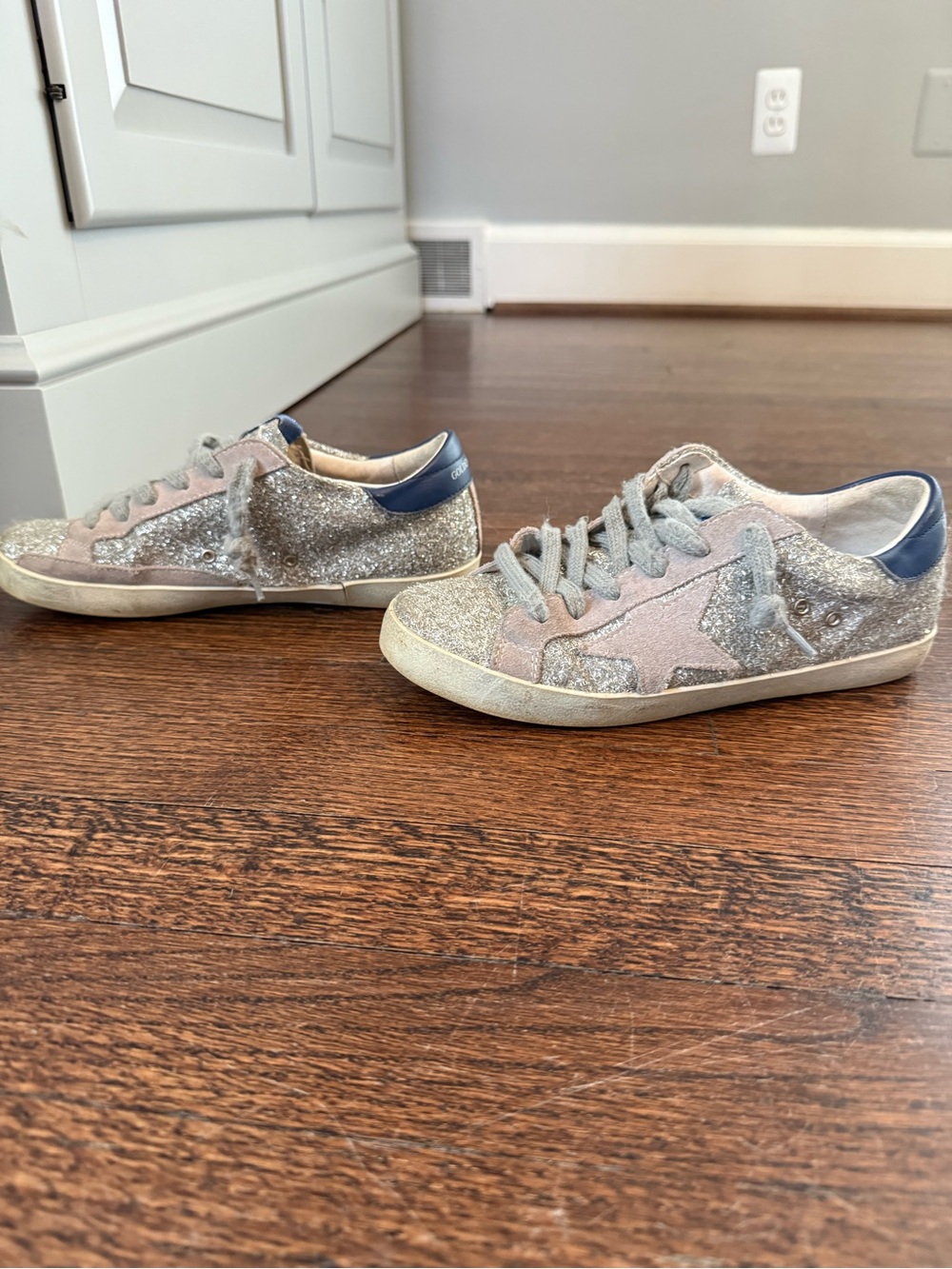 Golden Goose Glitter Low-Top Sneakers with Pink Star and Navy Heel